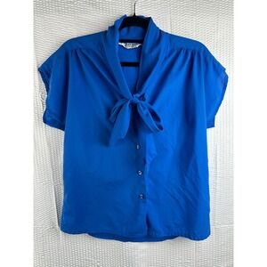 Judy Bond Blue Bow Tie Secretary Blouse Women's 12 VTG 1980's
